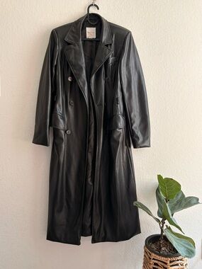 Avec Les Filles Black Faux Leather Maxi Trench Coat Double Breasted Jacket S